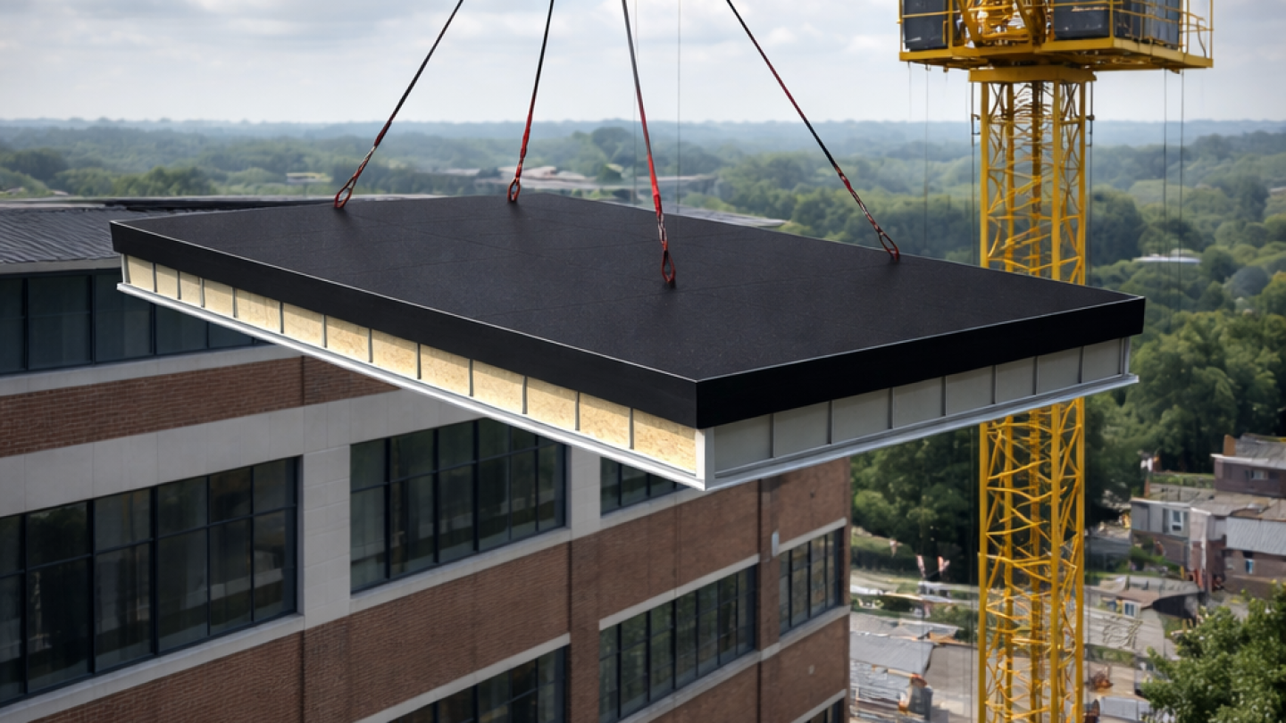 Hijsen van een dakpaneel met kraan