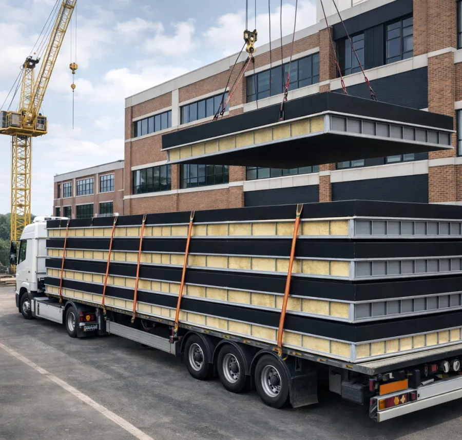 RoofConnect paneel wordt gehesen vanaf vrachtwagen